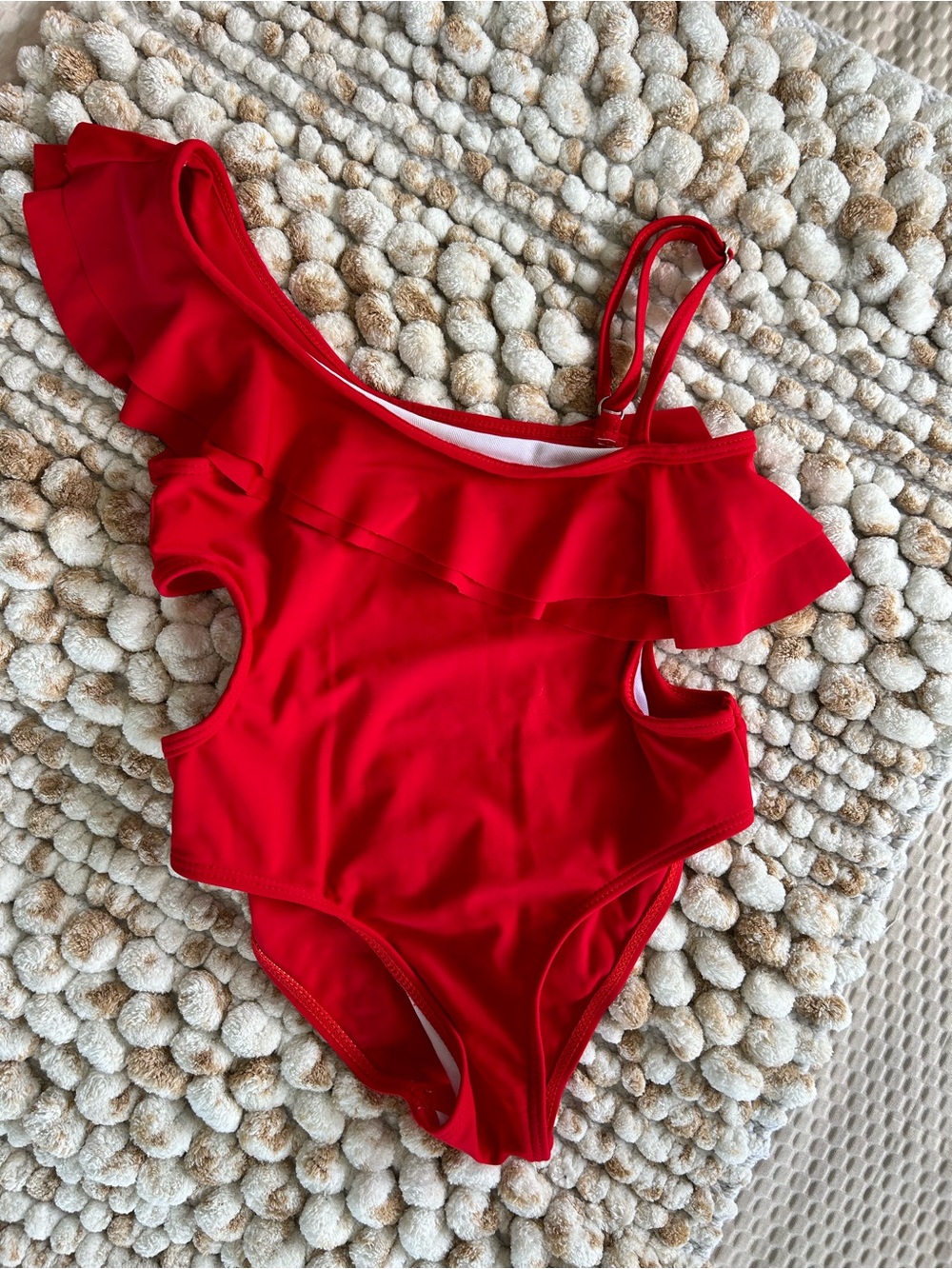 Girls SHEIN Red One Shoulder Ruffle One Piece Swimsuit Size 5/6 Vacation Beach